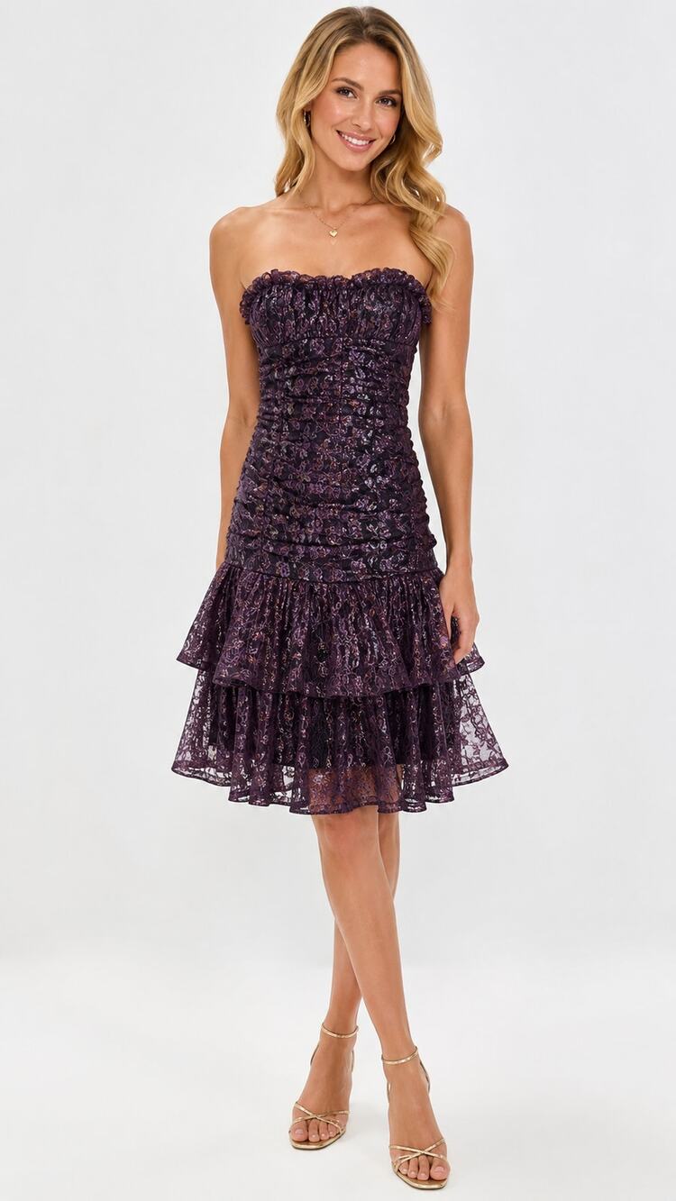 Betsey Johnson Strapless Lace Ruffle Cocktail Dress Purple Womens Medium Y2K